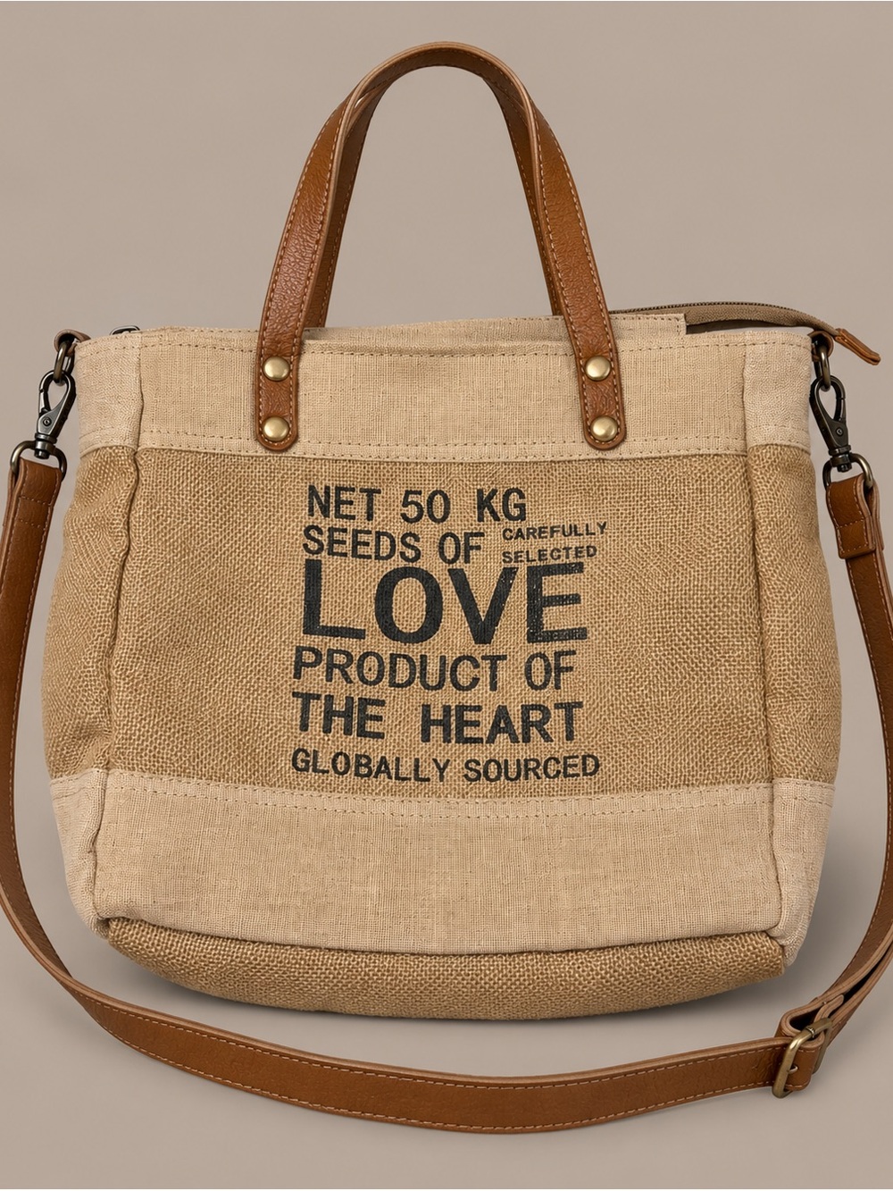 Myra Bag Tan Canvas & Leather Shoulder Tote with Printed Front